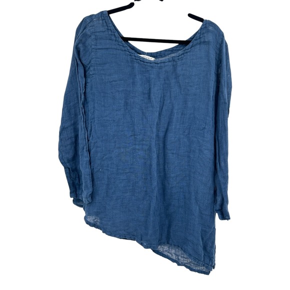 Kleen Tops - Linen Coastal Tunic Top XL Blue Lagenlook Boho Asymmetric Hem Euro Minimal Beach